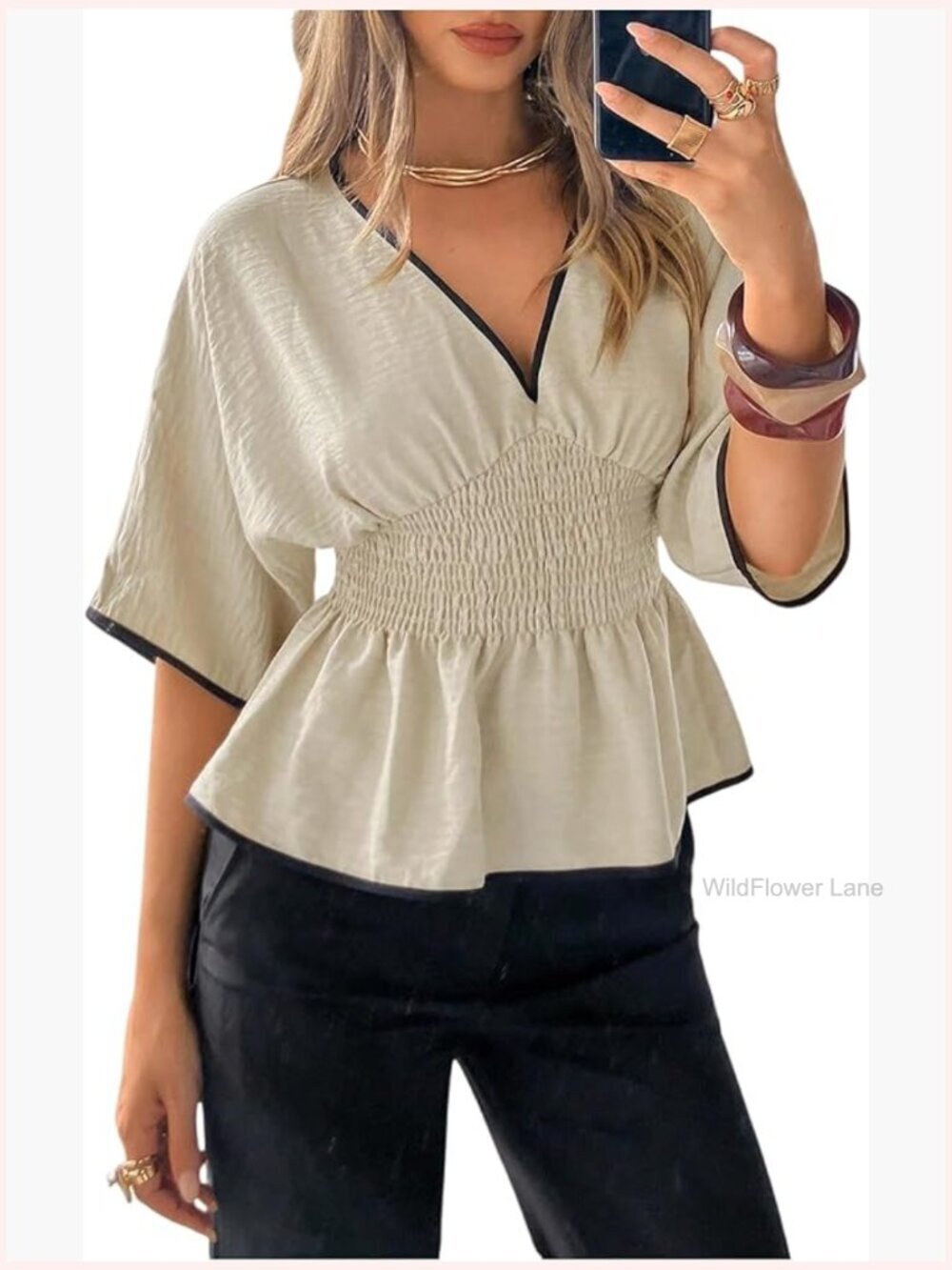 Women's Peplum Blouse V Neck Short Sleeve Ruffle Hem Smocked Casual Top